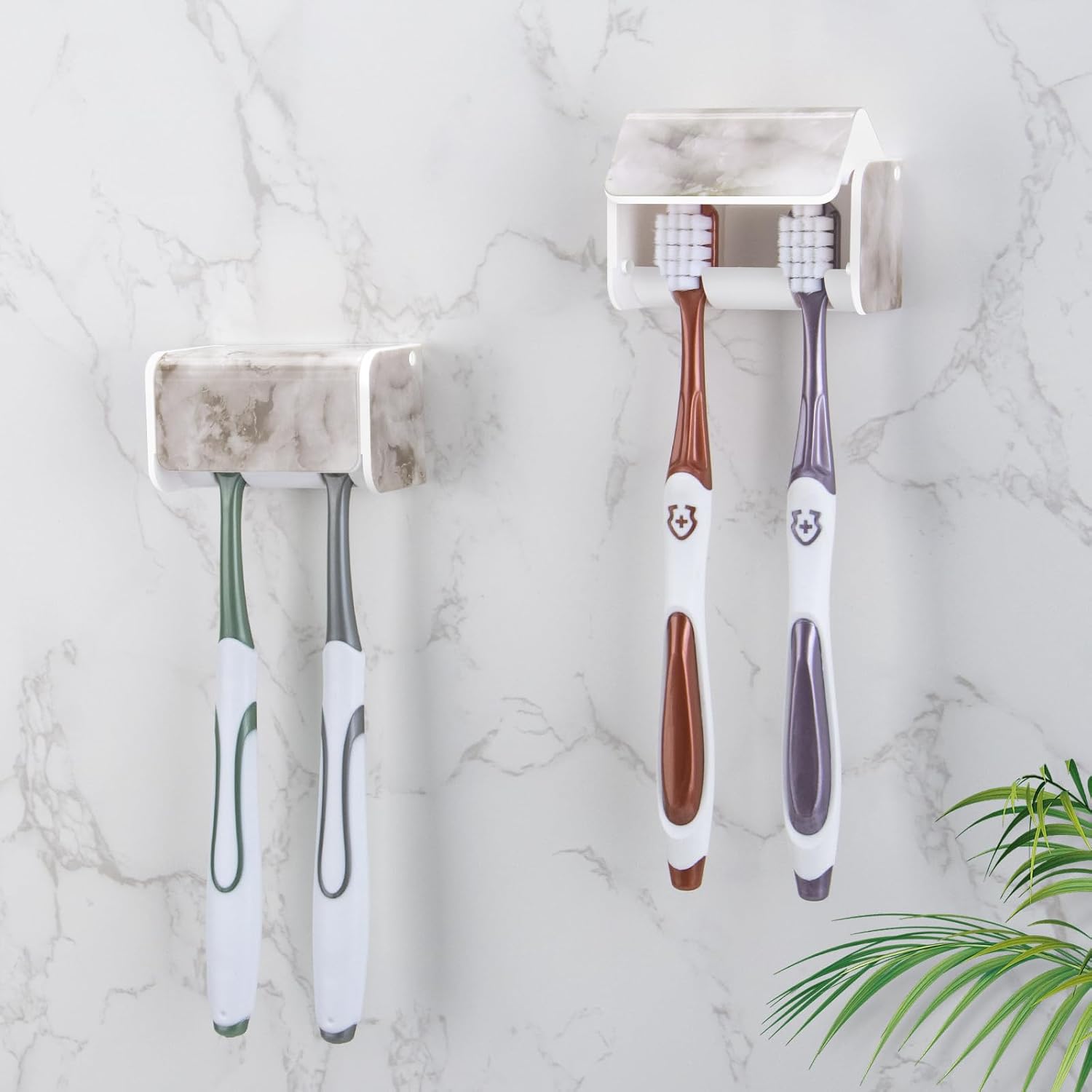 2 PCS Toothbrush Holders Wall Mounted with Cover, Electric Tooth Brushing Holder for Bathroom, 2 Slots Self Adhesive Toothbrush Organizer, Toothbrush Stand for Family, Kids (2, White Marble)