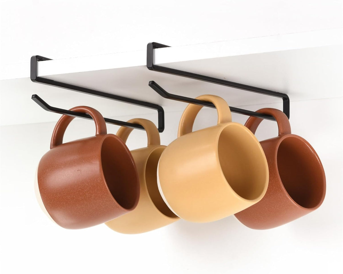 Coffee Mug Hanger for Cabinet, Clip-On Shelf, for Cups, Utensil, Tumbler Lid, Screwless Install (Pack of 2), Fits Shelves up to 3/4"