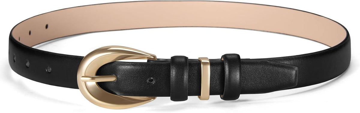 Women Skinny Leather Belts for Jeans Dress Fashion Ladies Faux Belt with Gold Buckle