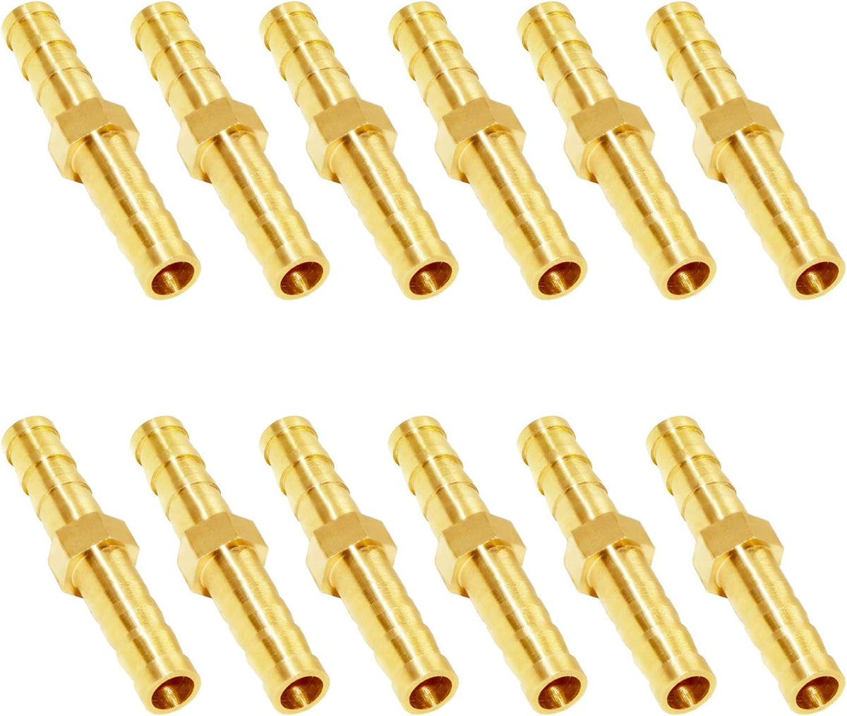 Brass Hose Barb Fitting Metals Splicer Mender, 1/4" Barb Hose Union Fuel Gas Water Air (Pack of 12)