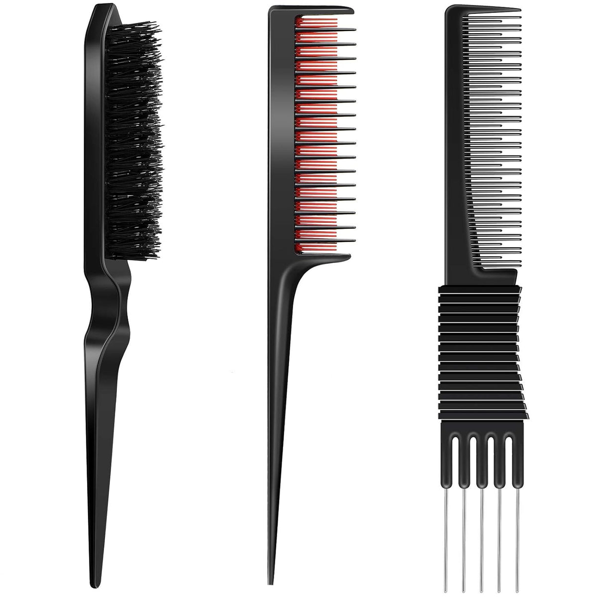 3 Pieces Pick Teasing Combs Hair Brush Set Includes Black Carbon Lift with Metal Prong, Triple Pin Rat Tail Comb, Nylon Bristle Hair Brush for Women(Black and Red)