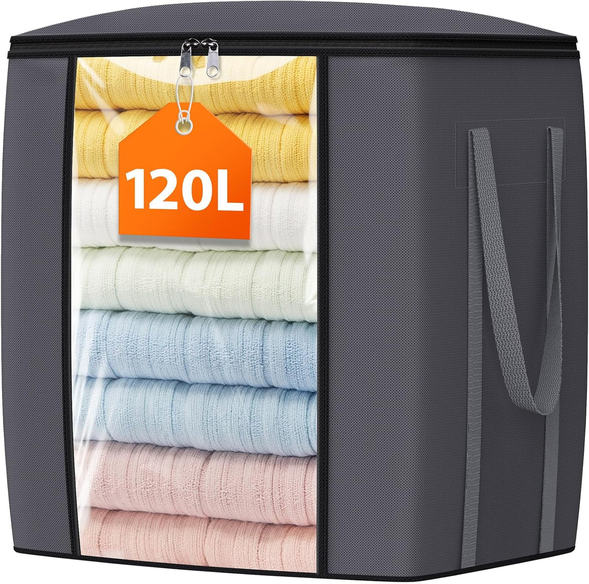 120L Extra Large Clothes Storage Bags, Foldable Blanket Storage and Organization, Thick Fabric Containers with Reinforced Handles & Zippers for Clothing, Comforters, Bedding, Gray, 1 Pack