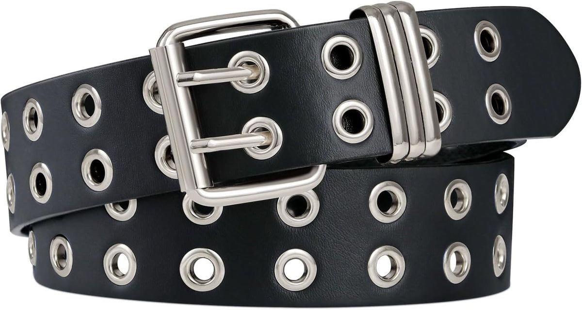 Grommet Leather Belt with Detachable Chain Women Men Punk Rock Waist Belts for Jeans Pants