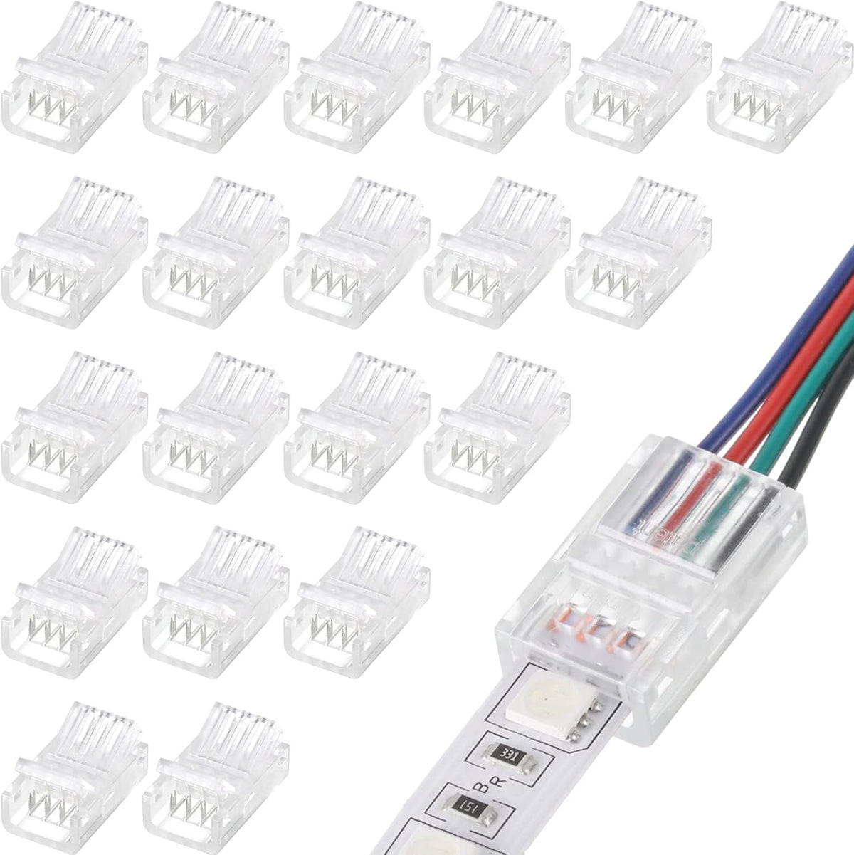 20 Pcs 4 Pin 10 mm LED Strip Connector RGB Lights Waterproof Adapter 22 AWG Wires Connector for Strip Light Unwired Gapless Track 5v 12v 24v