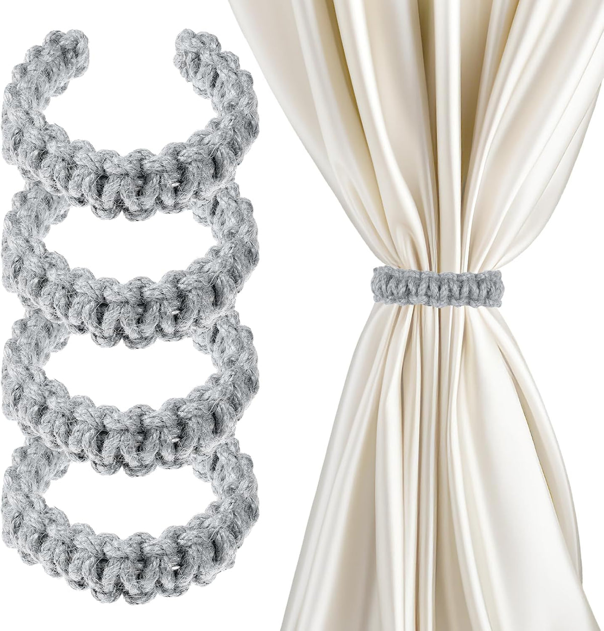 4 Pack Braided Curtain Tiebacks Boho Elegant Rustic Curtain Holdbacks Tie Backs Holders Set Simple Light Weight Drapes Decorative Accessories Handmade for Home Office Bedroom Window (4, Grey)