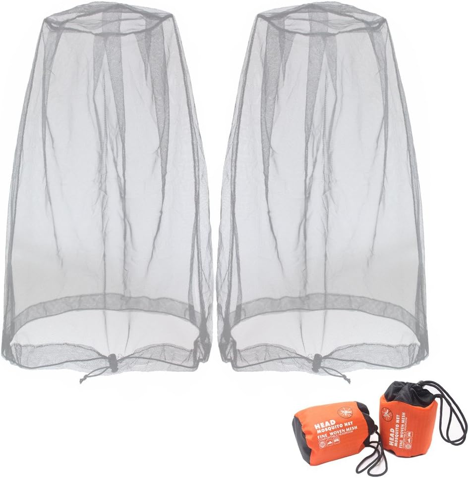 Mosquito Head Net Mesh, Face Neck Fly Netting Hood from Bugs Gnats Noseeums Screen Net for Any Outdoor Lover- with Carry Bags Fits Most Sizes of Hats Caps (2pcs, Grey, Updated Big Net)