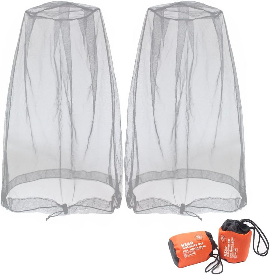 Mosquito Head Net Mesh, Face Neck Fly Netting Hood from Bugs Gnats Noseeums Screen Net for Any Outdoor Lover- with Carry Bags Fits Most Sizes of Hats Caps (2pcs, Grey, Updated Big Net)
