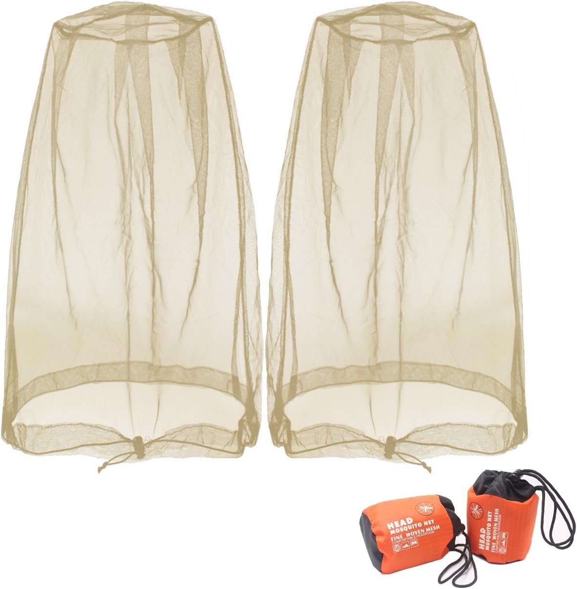 Mosquito Head Net Mesh, Face Neck Fly Netting Hood from Bugs Gnats Noseeums Screen Net for Any Outdoor Lover- with Carry Bags Fits Most Sizes of Hats Caps (2pcs, Khaki, Updated Big Net)