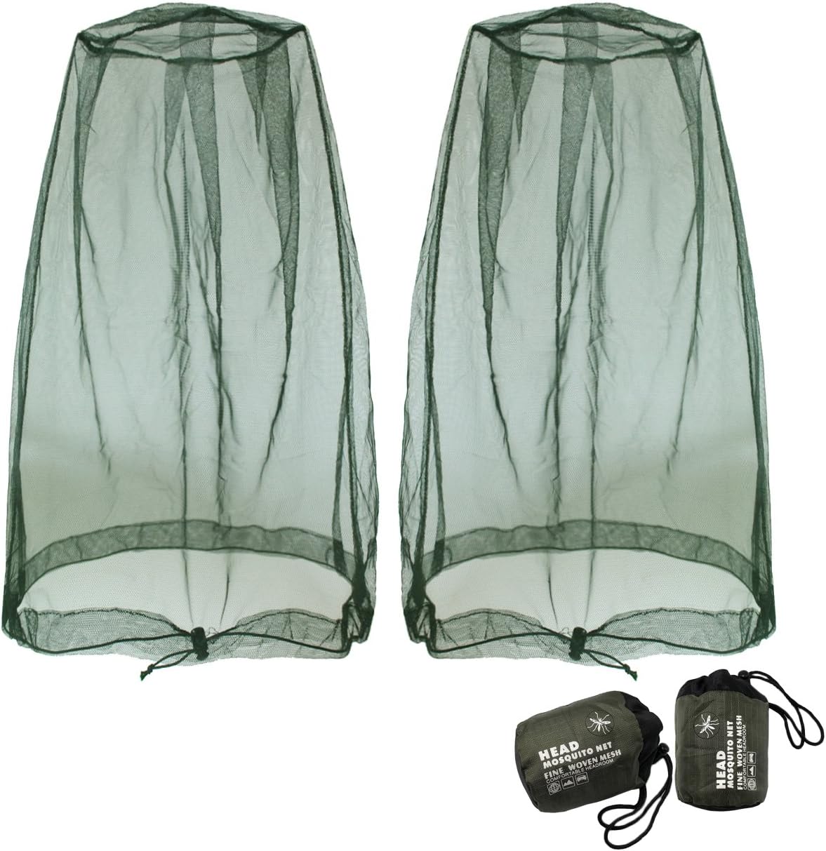 Mosquito Head Net Mesh, Face Neck Fly Netting Hood from Bugs Gnats Noseeums Screen Net for Any Outdoor Lover- with Carry Bags Fits Most Sizes of Hats Caps (2pcs, Olive, Updated Big Net)