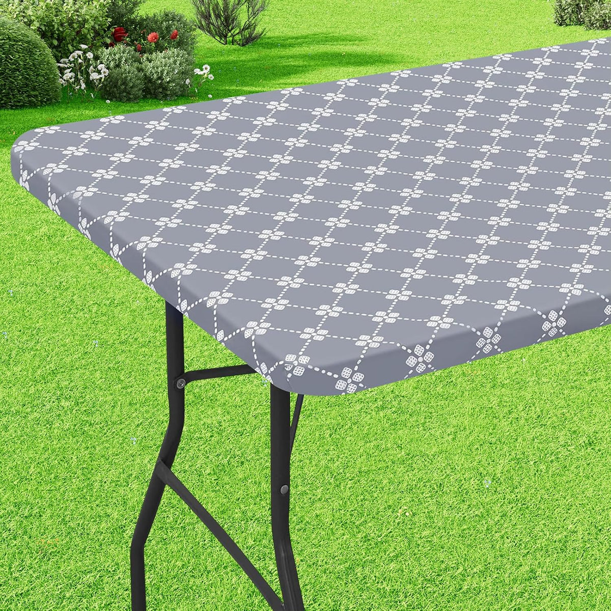 Rectangle Vinyl Table Cloth, Elastic Fitted Tablecloth with Flannel Backing, Waterproof Plastic Table Cover Fits 6 Foot Folding Tables for Easter, Camping, Indoor and Outdoor (Grey, 30" x 72")