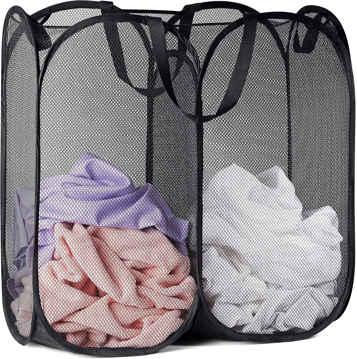 Mesh Popup Hamper - Two Compartments, Collapsible for Storage and Easy to Open. Folding Pop-Up Clothes are Great for The Kids Room, College Dorm or Travel. (Black)
