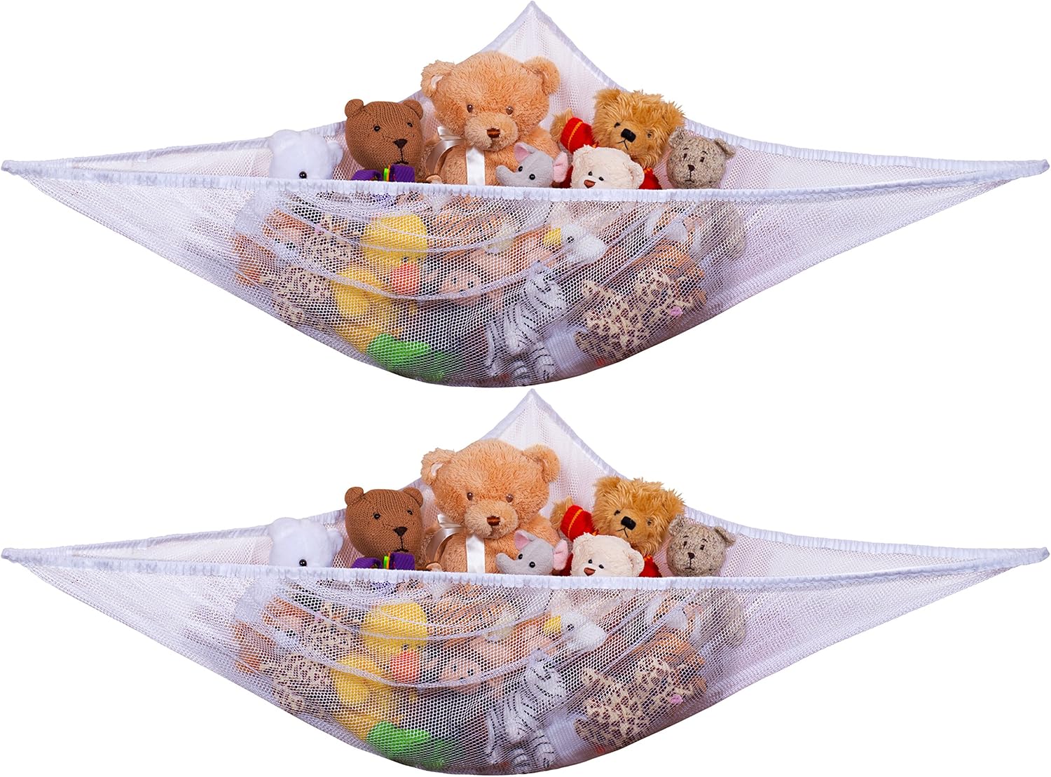 Stuffed Animal Organizer Hammock, 2-Pack Mesh Toy Storage Net for Kids, Expands to 5.5 Feet, Corner Hanging Holder for Plushies & Children's Toys, Easy Install, White