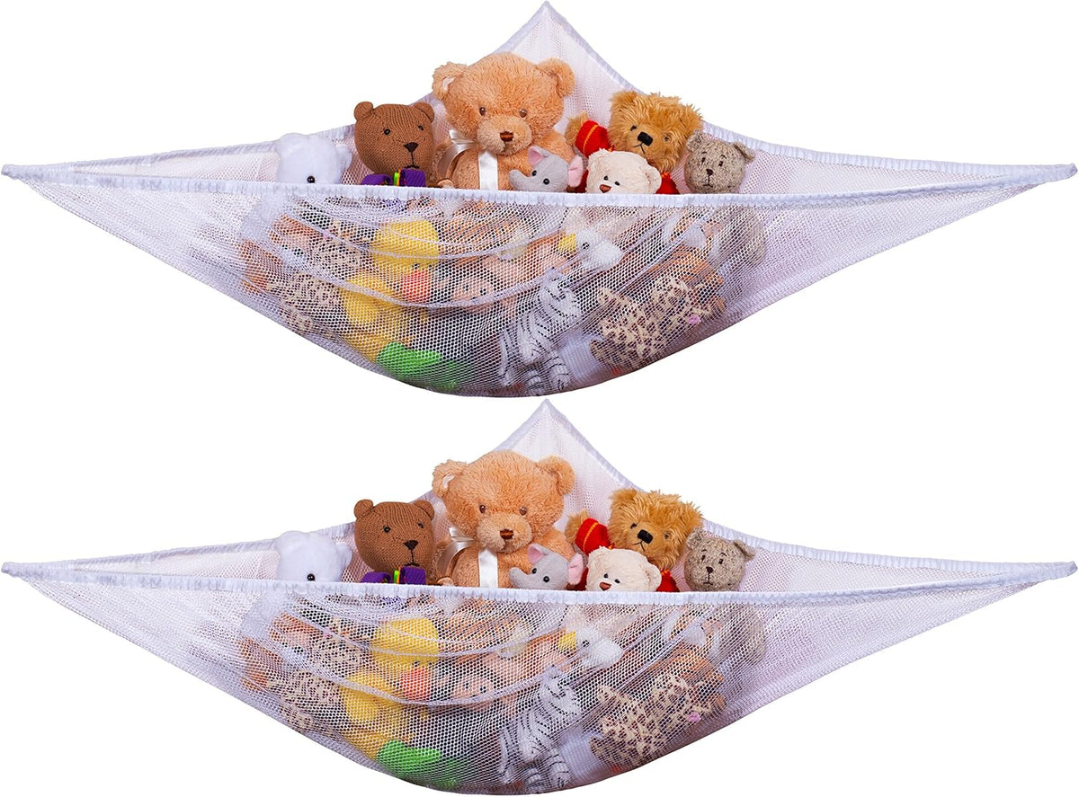 Stuffed Animal Organizer Hammock, 2-Pack Mesh Toy Storage Net for Kids, Expands to 5.5 Feet, Corner Hanging Holder for Plushies & Children's Toys, Easy Install, White