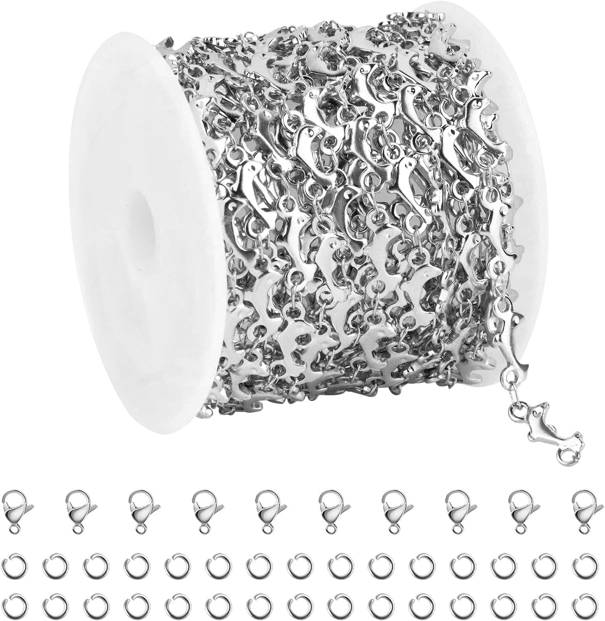 13 Feet Stainless Steel Chains for Jewelry Making Lovely Dolphins Link Chain Roll with Lobster Clasps and Jump Rings for Jewelry Crafts DIY