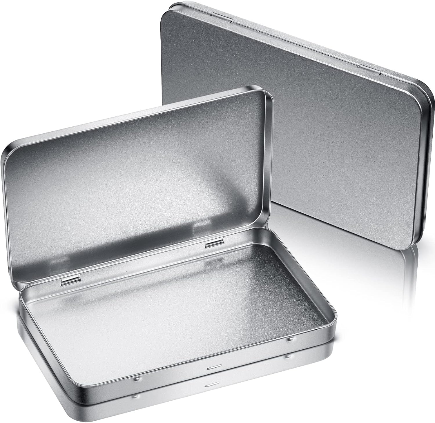 2 Pack Rectangular Metal Tin Box with Lid Metal Hinged Lid Tin Empty Box Container Storage for Watercolor Jewelry Pen Eraser Pill Candy Craft Organize 7.0 x 4.2 x 0.6'' (Sliver)