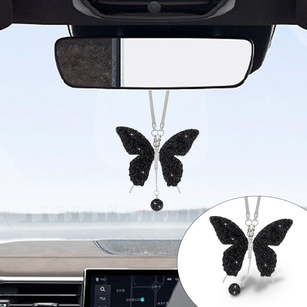 Bling Butterfly Diamond Car Hanging Accessories, Crystal Car Rear View Mirror Charms Car Decorative Accessories for Women, Lucky Presents Hanging Ornament Pendant Decor for All Cars (Black)