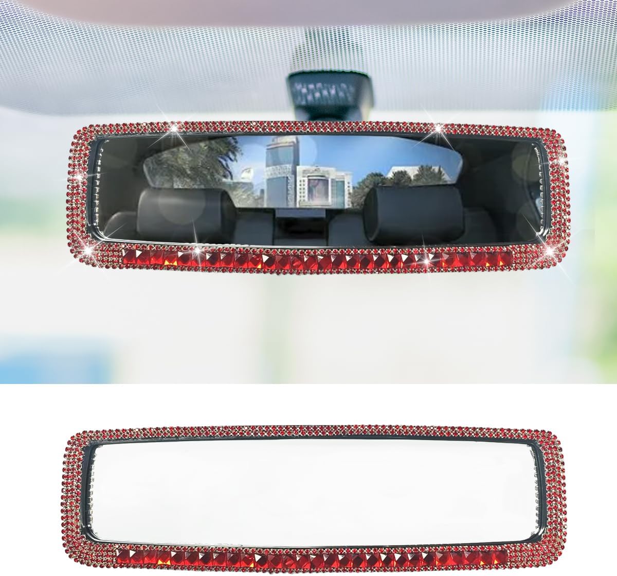 Bling Car Rear View Mirror, Clip-On Rhinestone Car Rearview Mirror with Crystal Diamonds, HD Glass Auto Interior Rear View Mirrors, Auto Decoration Accessories for Women Men Teens (Red)