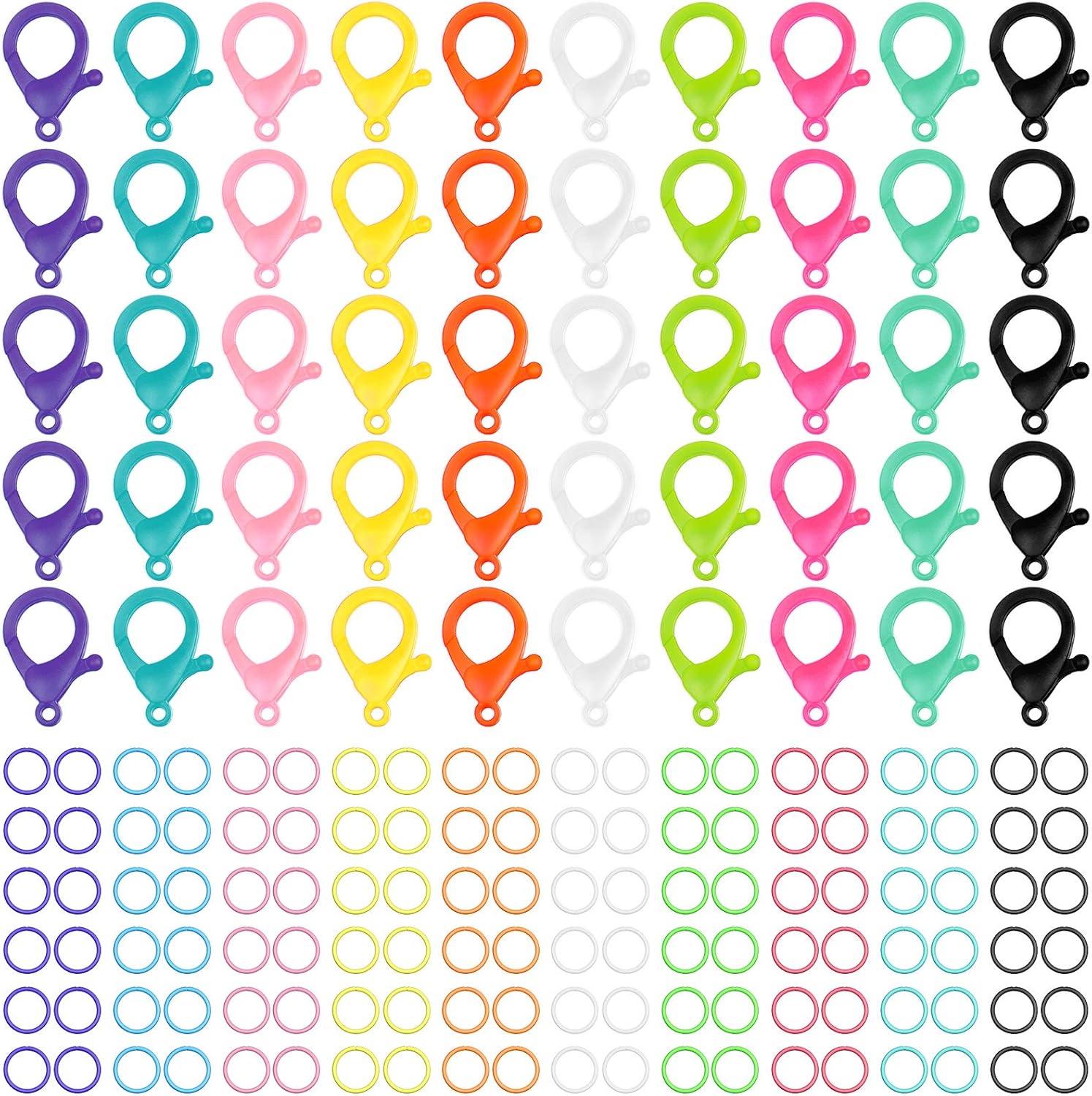 Multicolor Hard Plastic Clips Plastic Lobster Claw Clasps and Open Jump Rings, Cute Lanyard Snap Hooks for Key Chain Ring Chain Clasp DIY Handmade Crafts(100 Pieces)