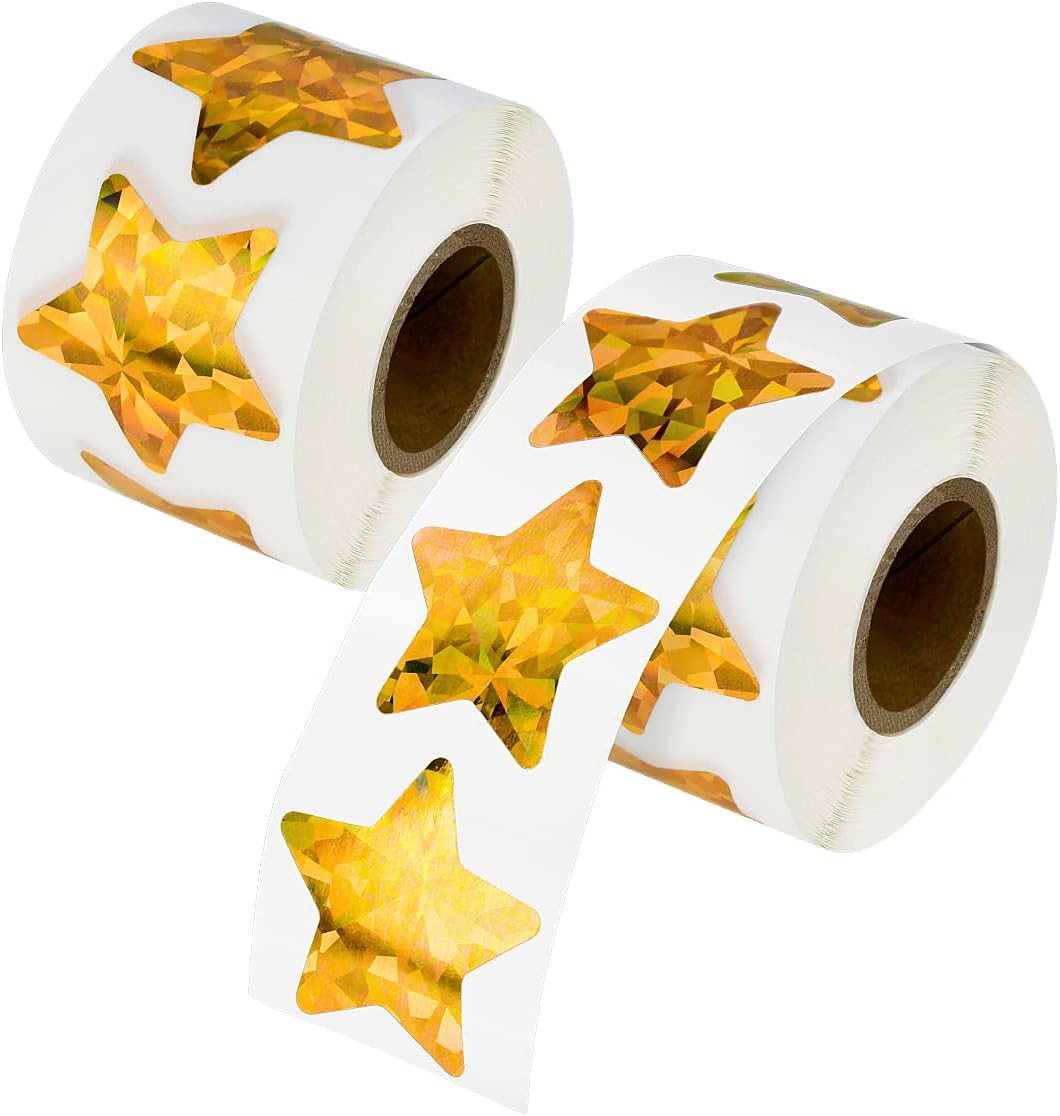 1000 Pcs Large Holographic Gold Star Stickers, 1.5" Star Adhesive Label Stickers, Self Adhesive Metallic Glitter Foil Stickers for Parents, Teachers and Kids Reward