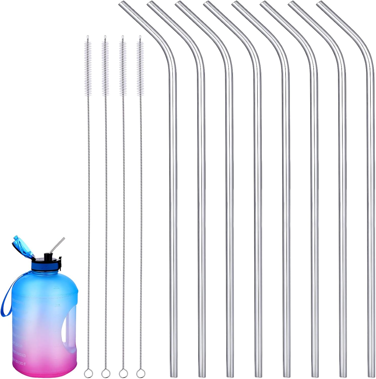 8 Pieces 14 Inch Reusable Stainless Steel Straws Long Drinking Straws for 100 oz Tumblers, Extra with 4 Pieces Cleaning Brush(Silver)