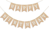 Happy Birthday Burlap Banner Neutral Happy Birthday Party Decorations Boho Rustic Bunting Sign Swallowtail Flags, 2 in 1