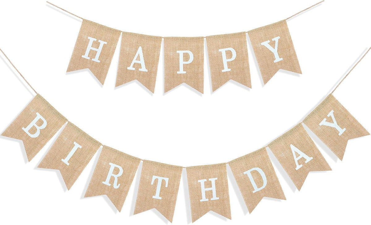 Happy Birthday Burlap Banner Neutral Happy Birthday Party Decorations Boho Rustic Bunting Sign Swallowtail Flags, 2 in 1