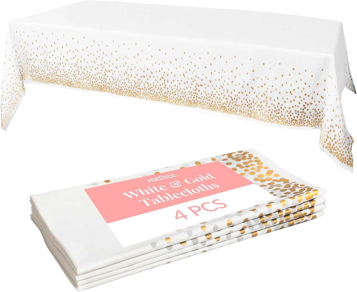 White and Gold Tablecloths, 4pk, 54x108 Inches - Party Table Cloths Disposable - Gold Dot Disposable Tablecloths - Plastic Table Cloth - Engagement Party Decorations, Baptism Decorations