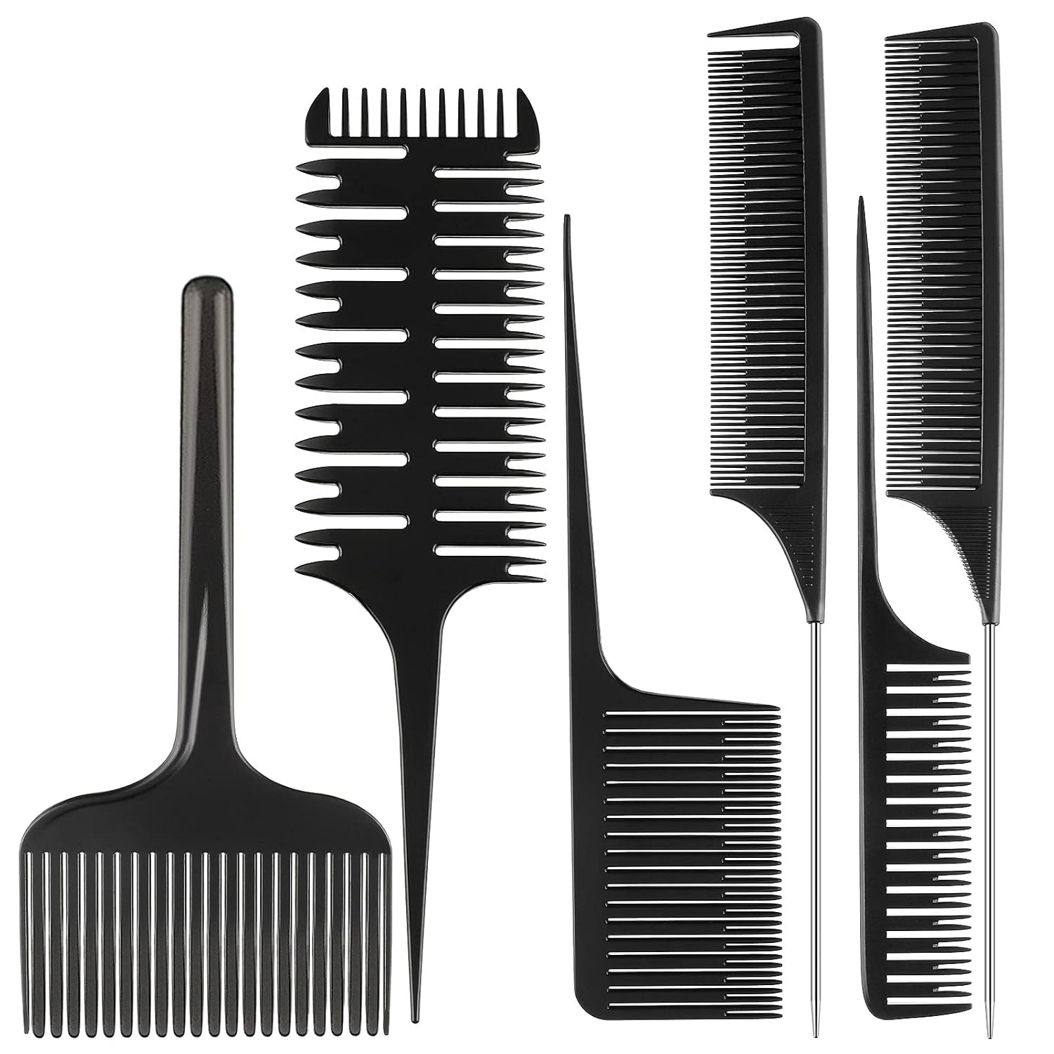 6 Pcs Highlighting Hair Combs Set, 3-way Hair Sectioning, Dyeing, Rat Tail Lifting Comb for Weaving Foiling Sectioning Coloring, Black