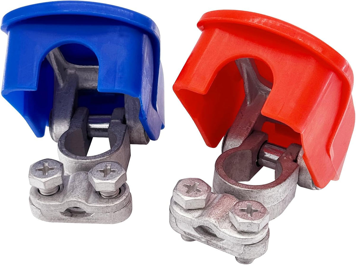 Brass Heavy Duty Quick Release Top Post Battery Terminal Connectors, Quick Disconnect Battery Cable Ends with Red and Blue Cover (1 Pair)