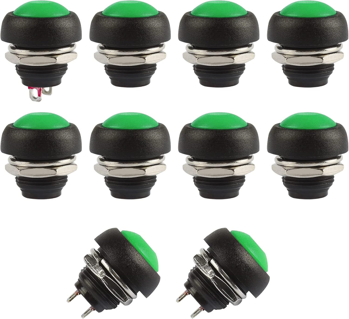 Momentary Push Button Switches, 2 Pin On/Off AC 250V/1A 125V/3A DC 12V/3A 12MM Round SPST Normal Open Pushbutton Momentary Switches (Green, Pack of 10)