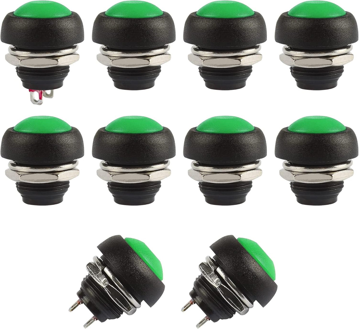 Momentary Push Button Switches, 2 Pin On/Off AC 250V/1A 125V/3A DC 12V/3A 12MM Round SPST Normal Open Pushbutton Momentary Switches (Green, Pack of 10)