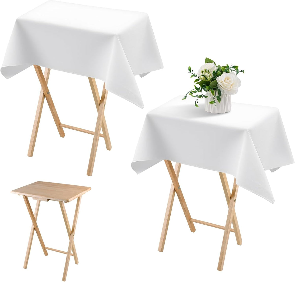 2 Pcs Small Tablecloth Washable Fabric Folding TV Tray Table Cloth Polyester Solid Color Nightstand Cover for Bedside Table Side Outdoor Indoor(White,24 x 36 Inch,Classic Edge)