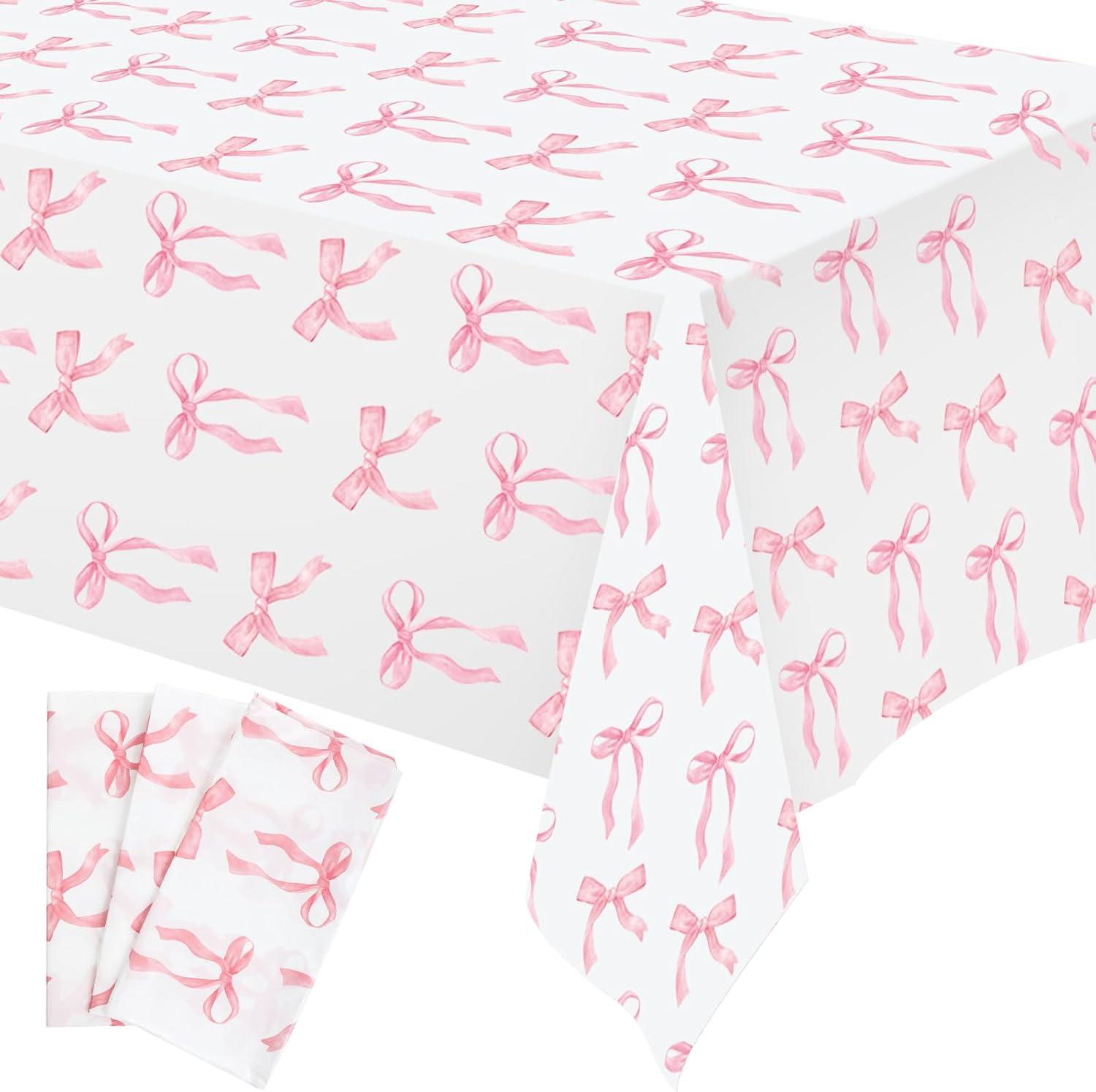 3 Pcs Pink Bow Table Cloth 54 x 108 Inch Coquette Bow Table Cover Rectangle Pink Tablecloth Disposable Tablecovers Coquette Party Decorations for Wedding Engagement Bridal Birthday Decor