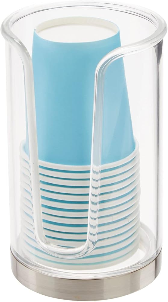 Plastic Small Compact Disposable Paper Cup Dispenser, Mouthwash Rinsing Cups Storage Holder for Bathroom Vanity Countertops, Makeup Table, Powder Room, Lumiere Collection, Clear/Brushed Chrome