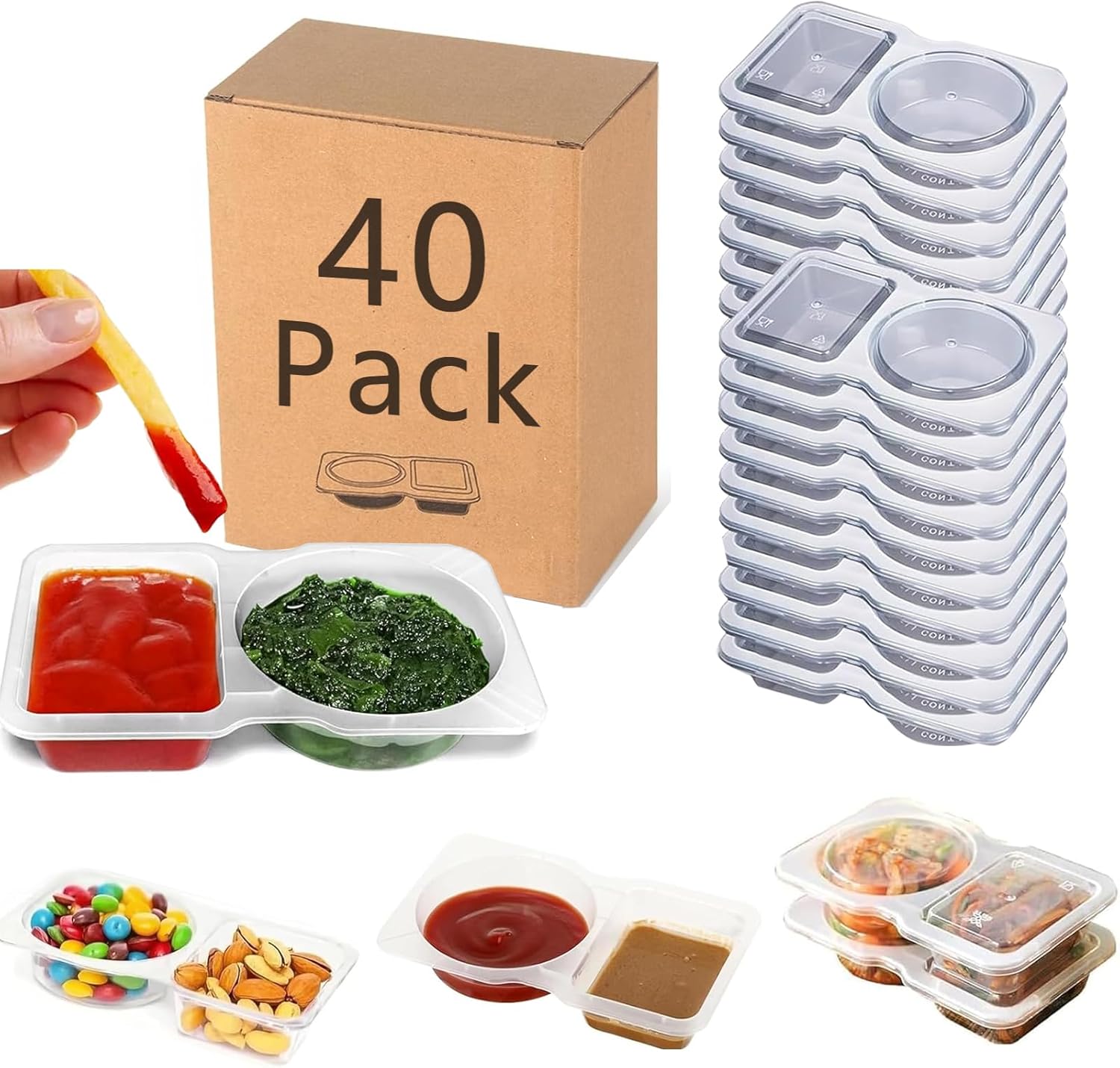 40 Sets Reusable Snack Containers, 2-Compartment Dipping Containers with Lid for Refrigeration, Portion Control, Outdoor Takeaway Sauce Dip Case