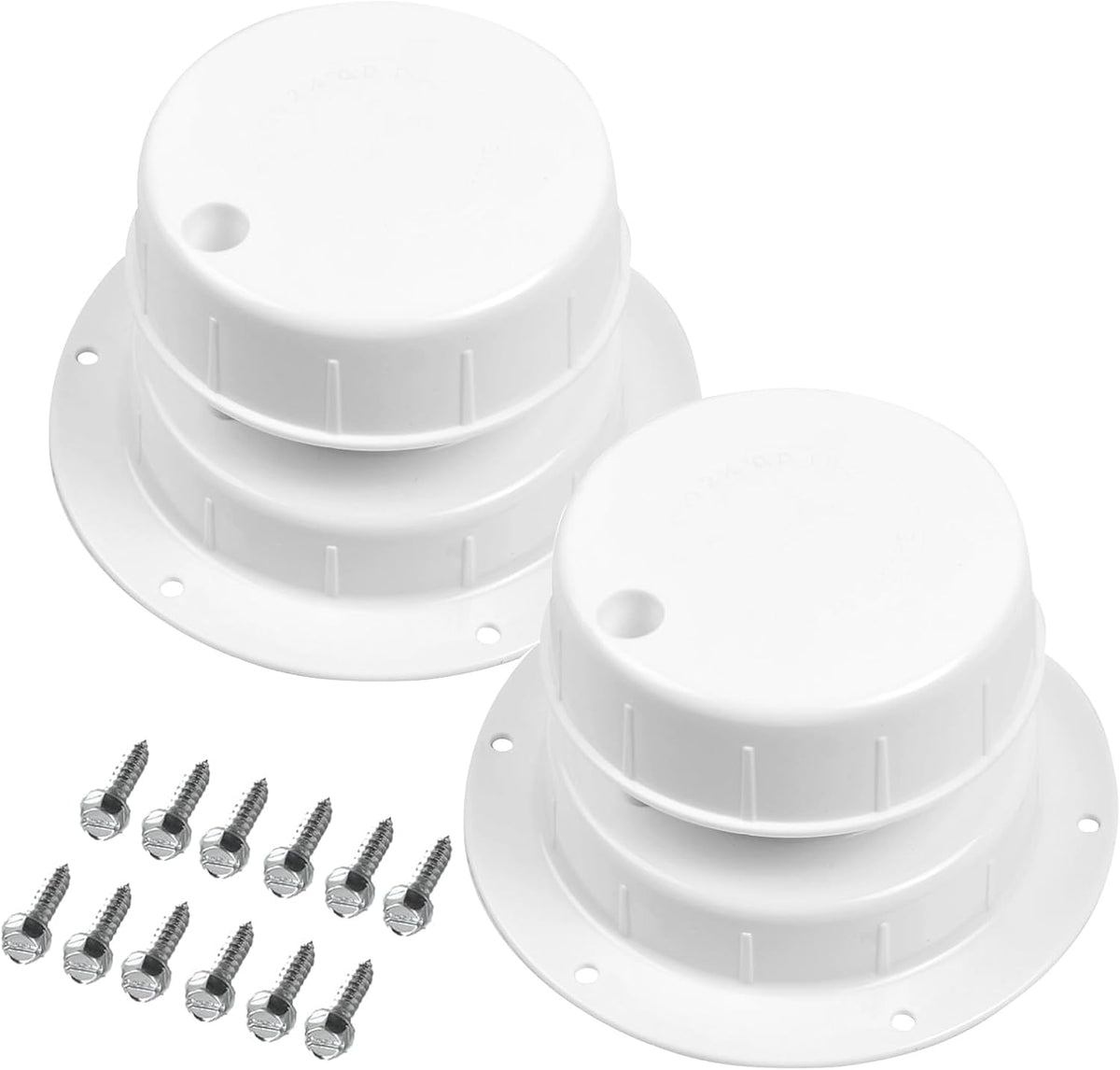 White RV Roof Vent Cover Kit 2-Pack with Screws – Universal Fit for 1" to 2-3/8" OD Pipes – Compatible with Trailers, Campers, Motorhomes