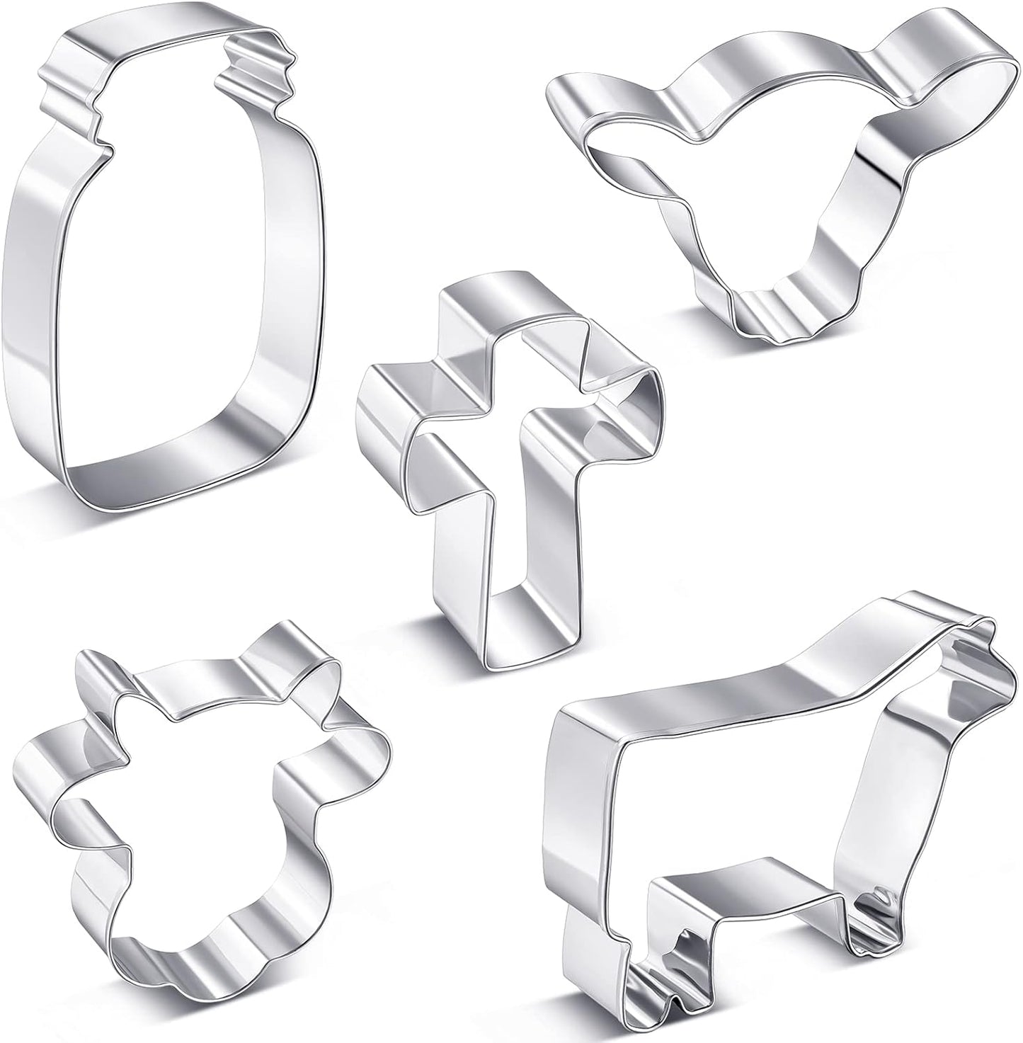 5 Pieces Cow Cookie Cutter Set, Farmhouse Theme, 5 Different Farm Animals Theme Cutters, Steel Cow Head, Milk Bottle, Crossed Cookie Molds for Biscuit and Cakes Kitchen Tool Accessories