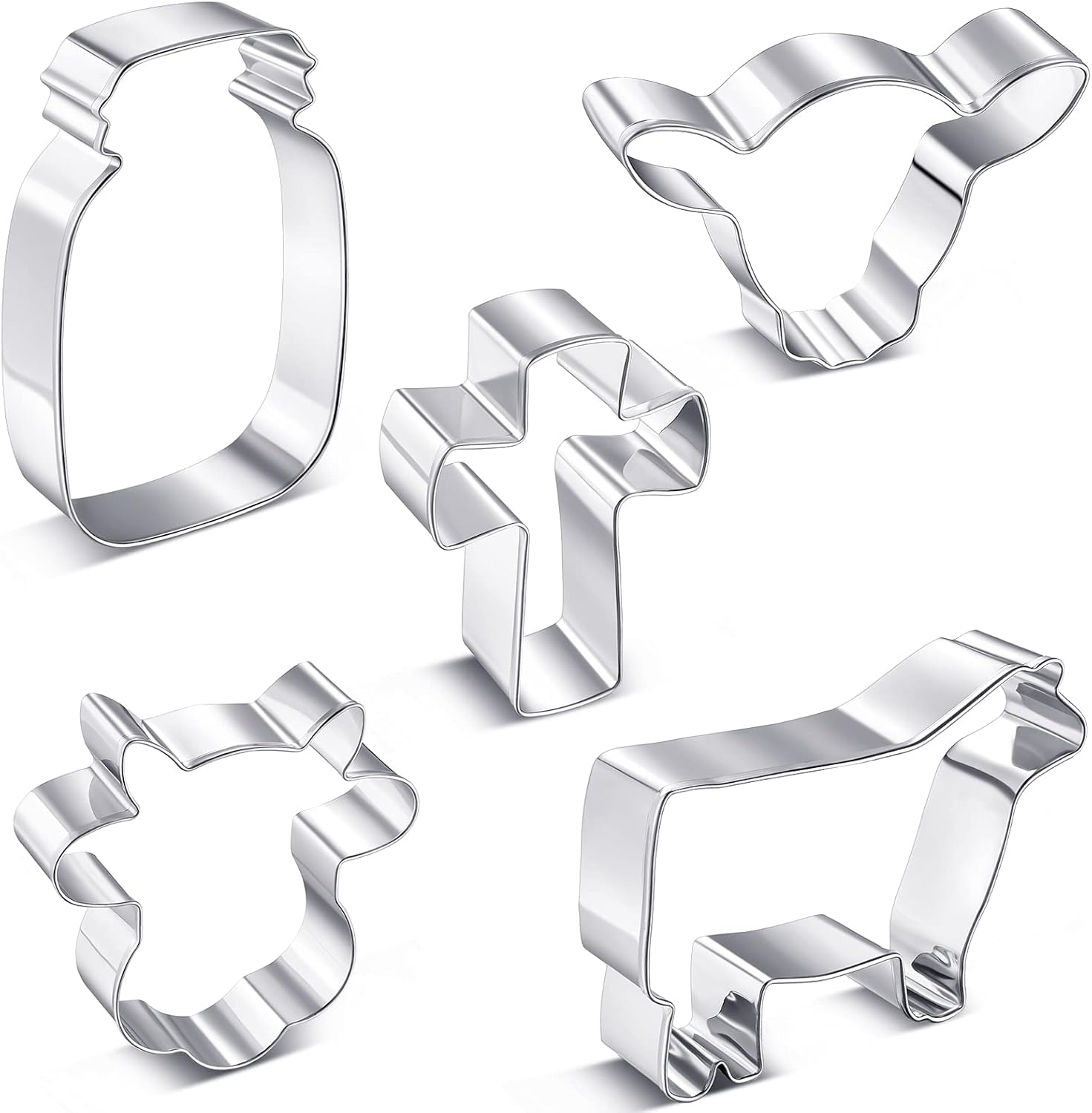 5 Pieces Cow Cookie Cutter Set, Farmhouse Theme, 5 Different Farm Animals Theme Cutters, Steel Cow Head, Milk Bottle, Crossed Cookie Molds for Biscuit and Cakes Kitchen Tool Accessories
