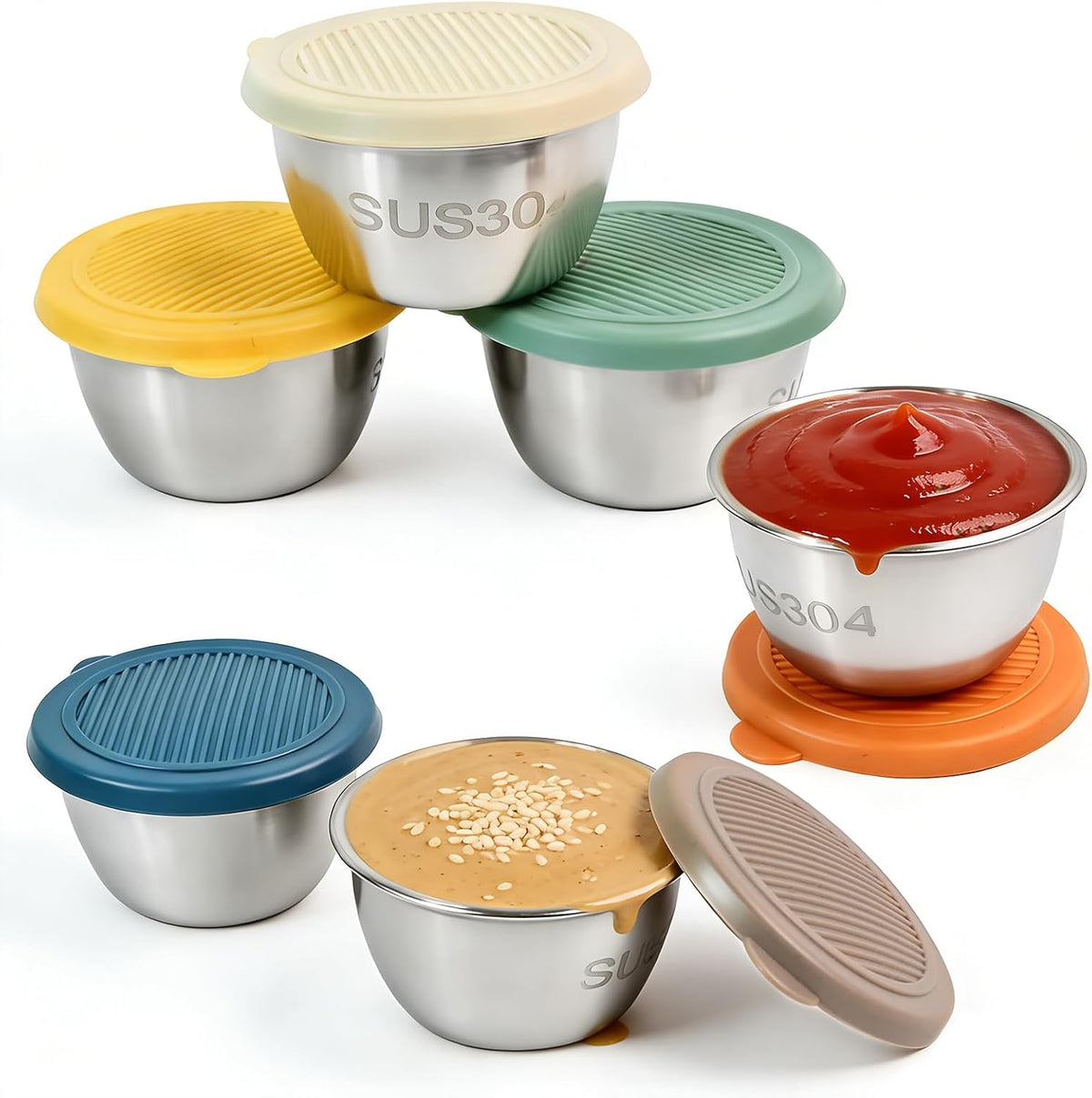 6 Pack Stainless Steel Condiment Cups With Lids, Reusable Leakproof Sauce Containers for Lunch Box, Travel, Picnics & Meal Prep, Metal Dipping Sauce Cups for On The Go (6)