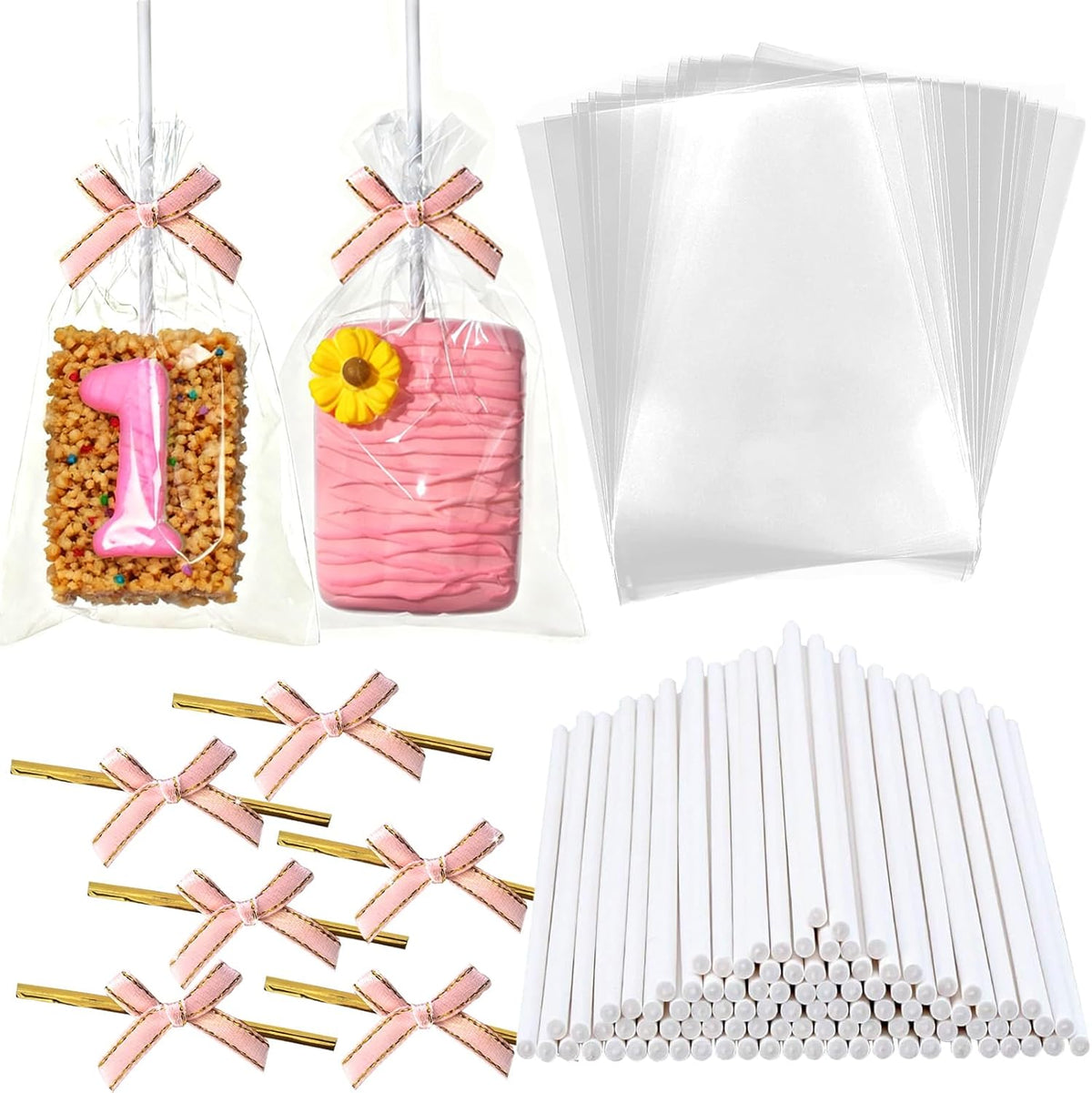 100PCS Rice Crispy Treat Bags 4x6in with Sticks and Ties Bow, Clear Cellophane for Rice Krispies Individually Wrapped Cake Pop Bags with Ties Cakesicles Lollipop Candy Making Cookies Packaging(Pink)