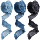 3 Rolls 2 Yards Fringes Fabric Denim Ribbon, 0.98in Frayed Ribbon Fringes Trim for Sewing, Rustic Frayed Fabric Ribbon Trim Embellishments for Wrapping Decorating- Light Blue & Blue & Black