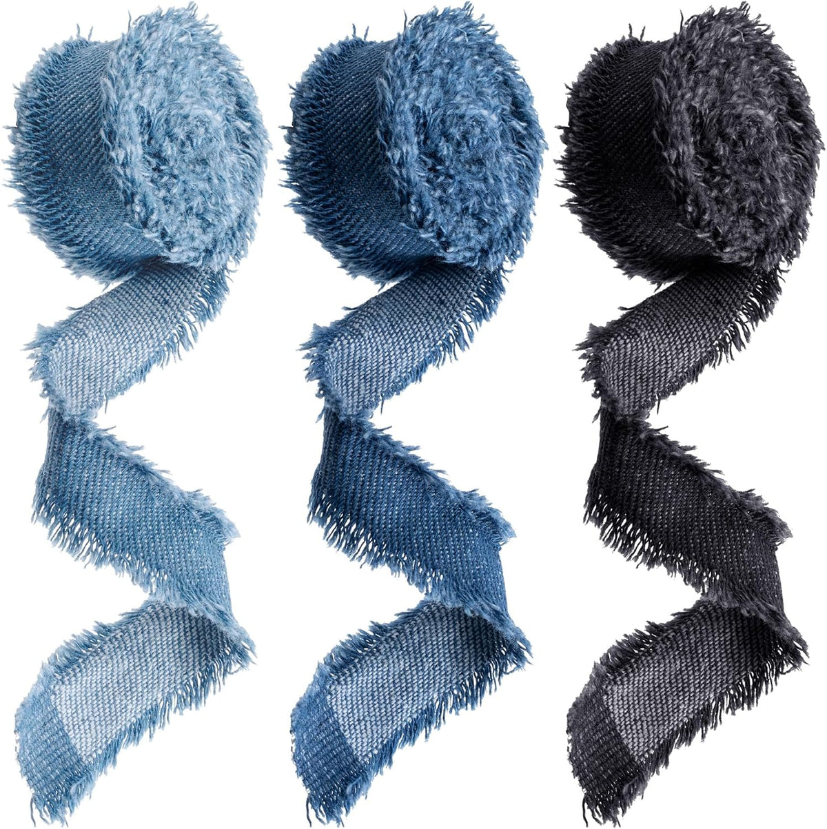 3 Rolls 2 Yards Fringes Fabric Denim Ribbon, 0.98in Frayed Ribbon Fringes Trim for Sewing, Rustic Frayed Fabric Ribbon Trim Embellishments for Wrapping Decorating- Light Blue & Blue & Black