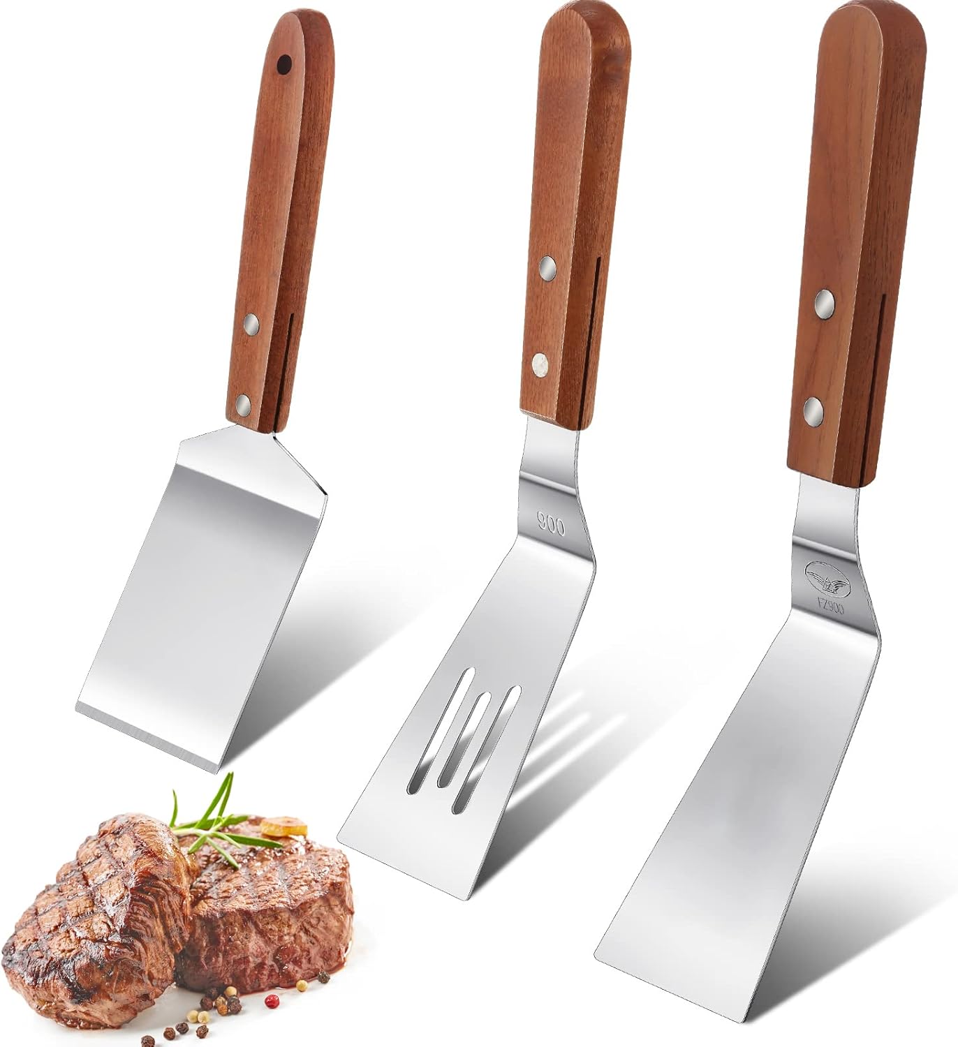 3 Pieces Stainless Steel Cooking Spatula Set Flat Top Metal Spatula Stainless Steel Wire Cheese Cutter Tool Slotted Spatula with Wooden Handle for Grilling Frying and Cooking