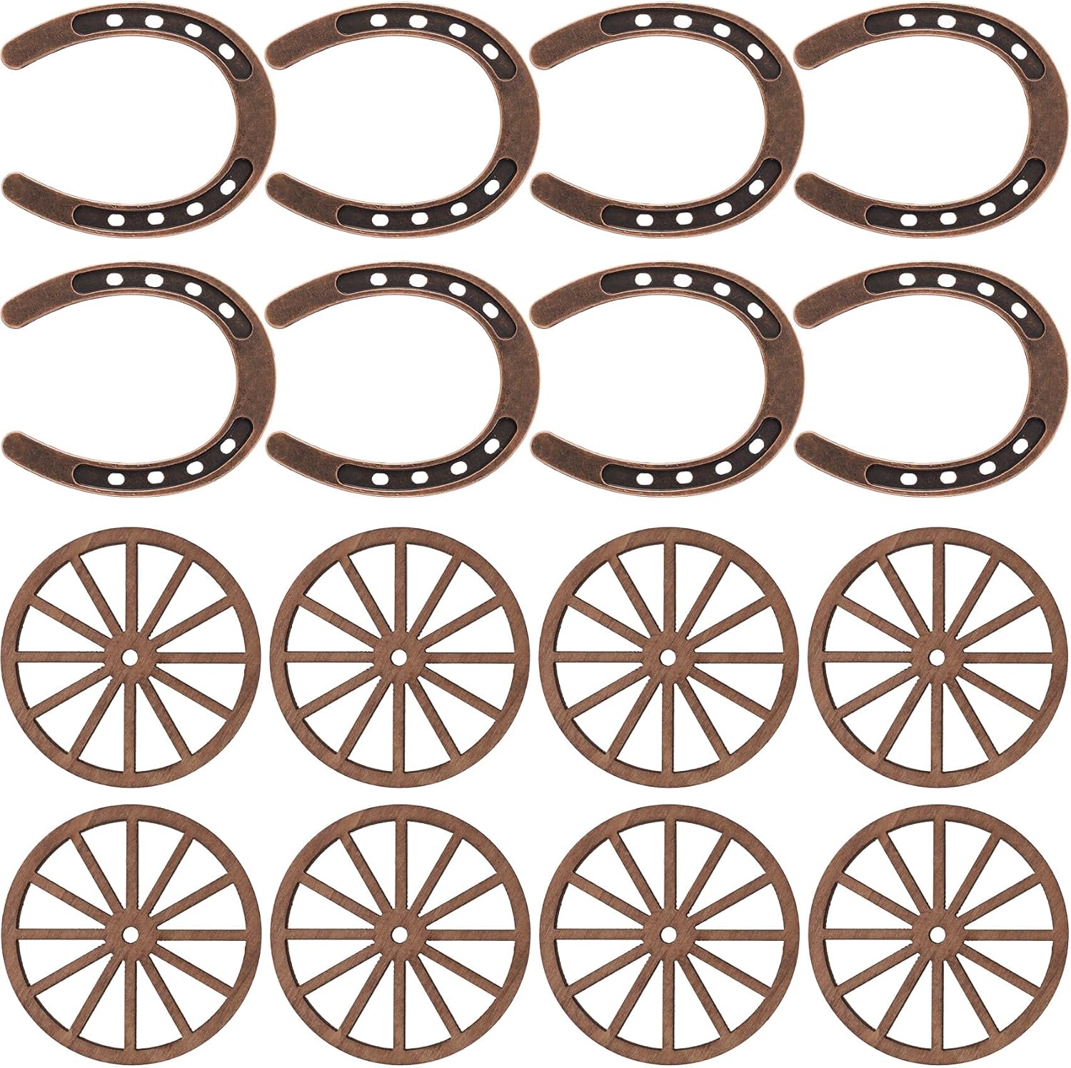 16pcs Mini Horseshoes Wagon Wheel Decor, Lucky Western Theme Party Decorations with Cordage, Vintage Wooden Wagon Wheel Metal Horse Shoes for Birthday Country Table Centerpieces - Brown