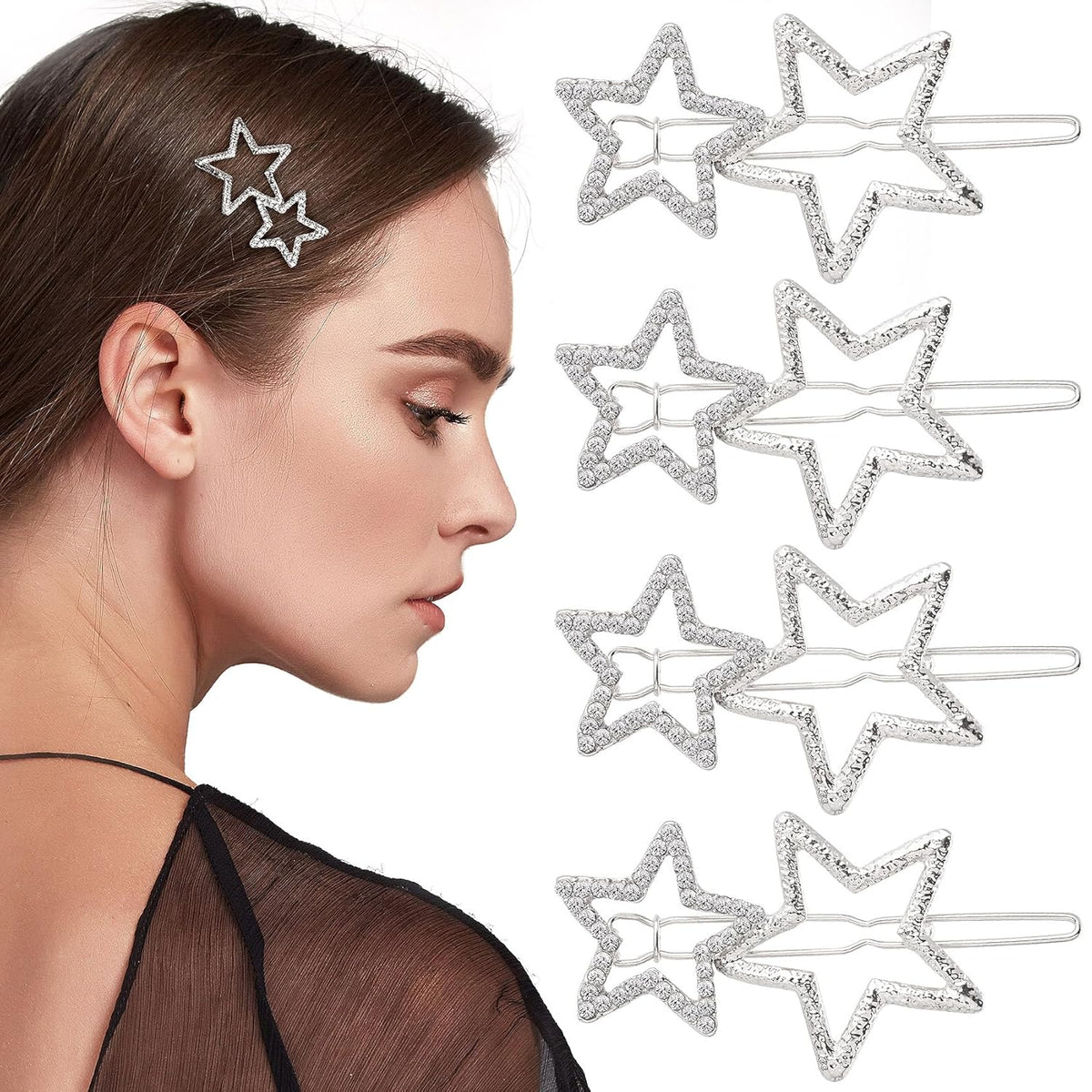 Star Hair Clips Pins Silver 8pcs, Star Hair Barrettes Elegant Metal Hair Clips Rhinestone Hairpin, Hollow Geometric Hair Pins for Women Girls Hair Styling Accessories