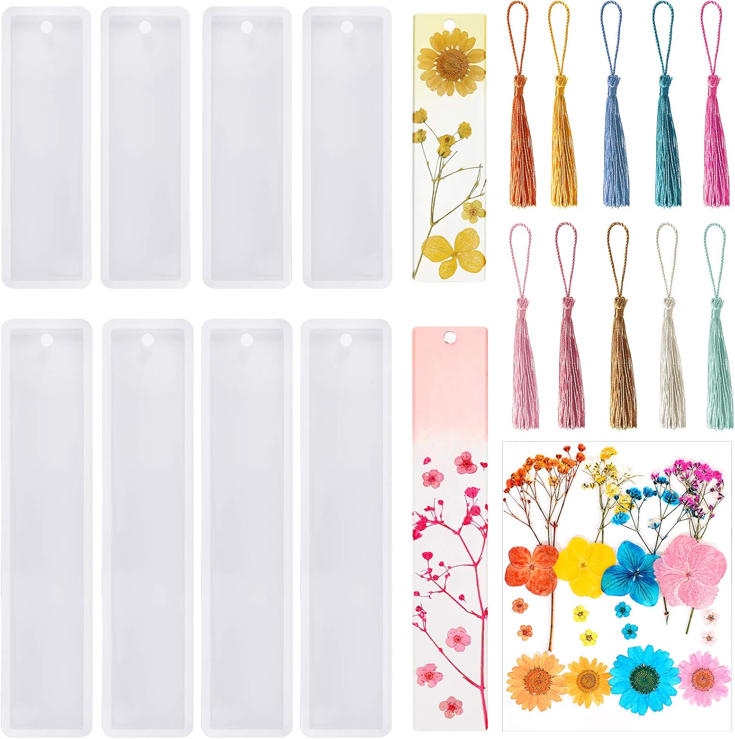 38 Pieces Bookmark Resin Mould Set, Include Rectangle Bookmark Silicone Mould Epoxy Resin Jewelry Mould with Colorful Tassels and Dried Flowers for Jewelry DIY Bookmark Making