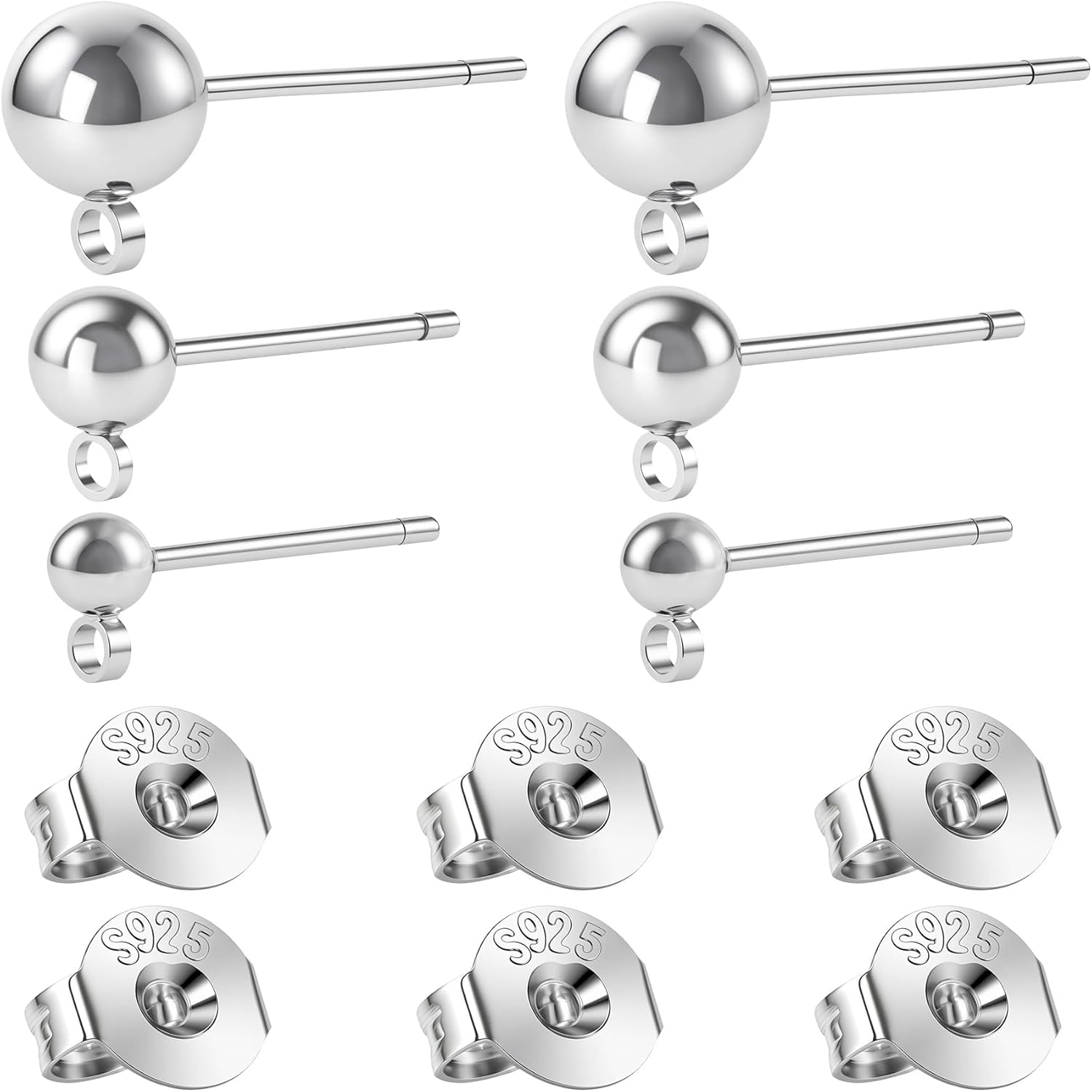 12pcs S925 Earrings Post for Jewelry Making, 3/4/5mm Hypoallergenic Ball Earring Posts Backs, Ear Stud Findings Supplies for Dangle Ear Jewelry Making- Silver