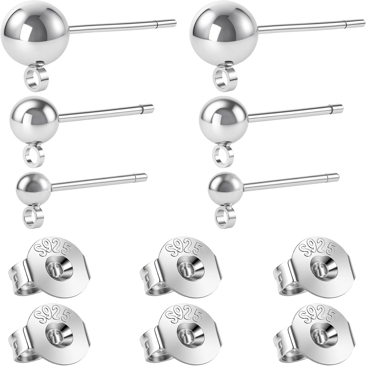 12pcs S925 Earrings Post for Jewelry Making, 3/4/5mm Hypoallergenic Ball Earring Posts Backs, Ear Stud Findings Supplies for Dangle Ear Jewelry Making- Silver