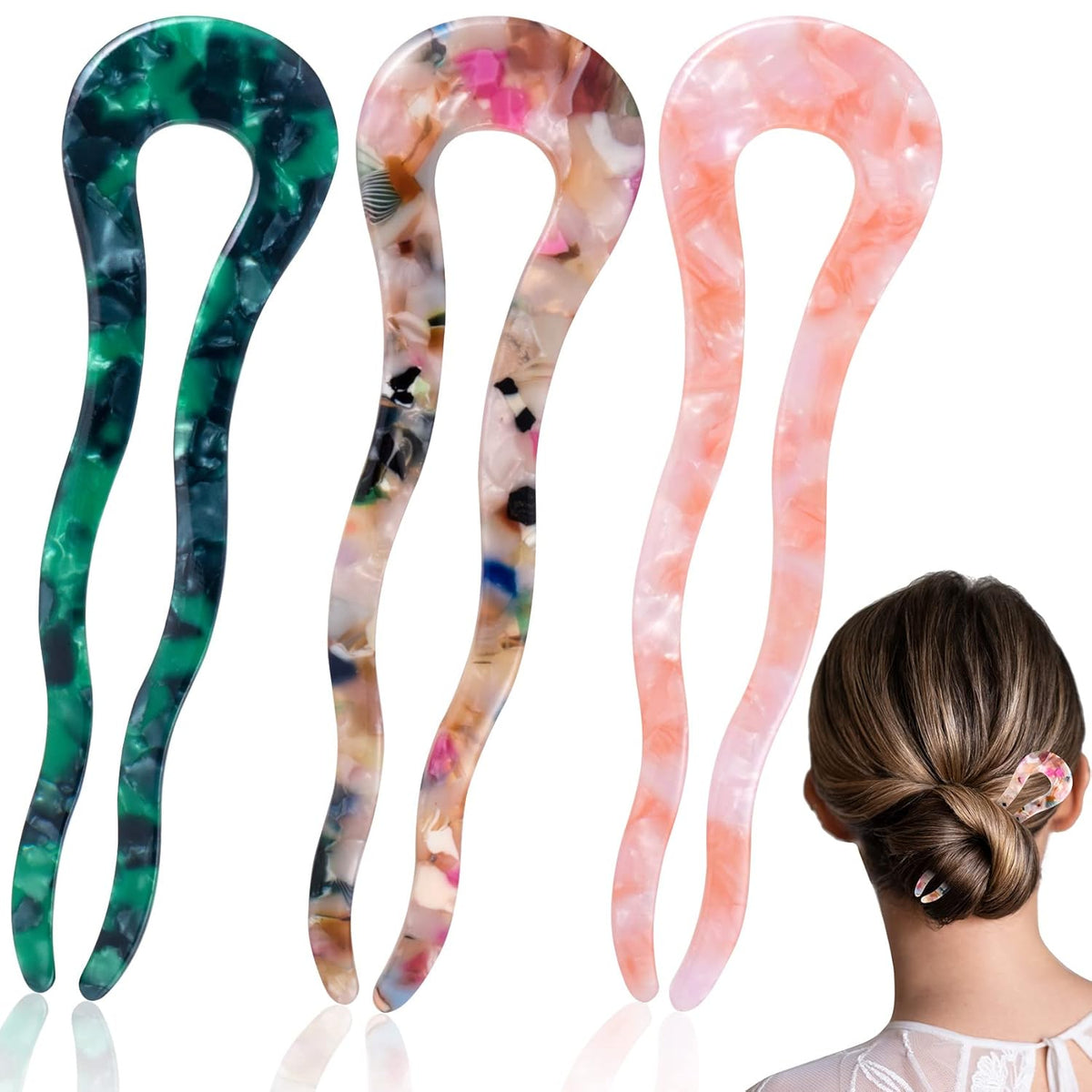 3pcs French U Shaped Hair Forks Pins Sticks for Buns Thick Long Hair, 4.5inch Large Wavy French Hair Pins, Tortoise Shell 2 Prong U-shape Hairpins Hair Accessories for Women Girls
