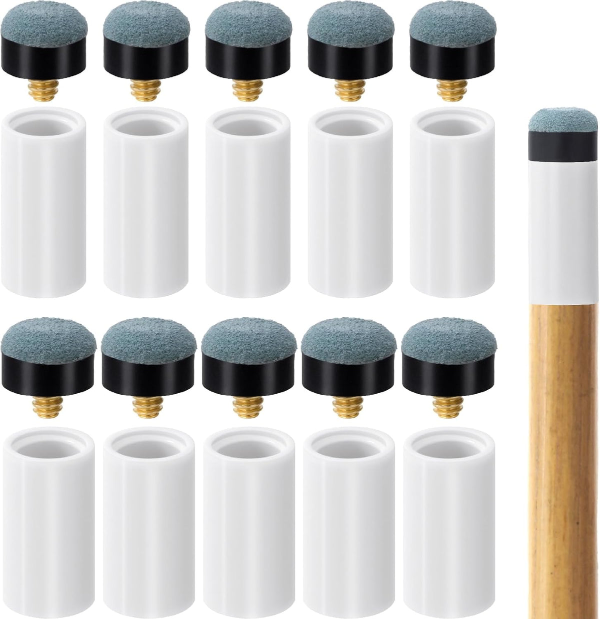 10 Sets Pool Cue Tips with Stick Ferrules, Screw On Billiard Cues Tips Replacement Kit, 12mm & 13mm No Need Glue or Clamp Billiard Accessories for Snooker Pool- Blue & White
